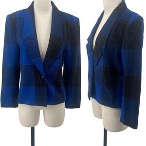 Vintage 80s Plaid Blazer Button Front Speckled Gingham Patterned Blue Womens M